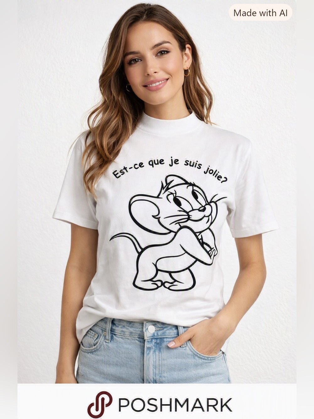 Tom & Jerry Women’s French Mock Neck Short Sleeve Graphic Top by Samoa
